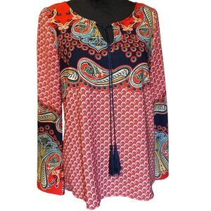 💖West Kei Women's Boho Paisley Tunic Top - Red/Navy Pattern Long Sleeve Tassel